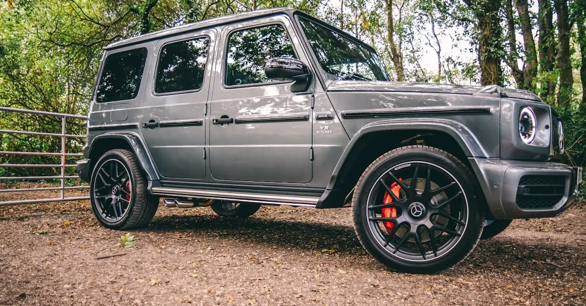 A luxurious Mercedes-Benz SUV parked in a scenic wooded area, showcasing elegance and power.